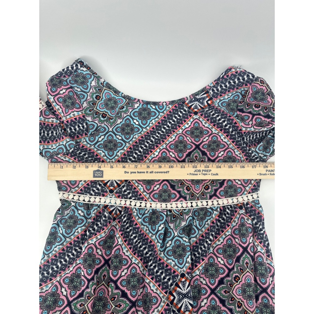 Altar'd State Womens Blue Pink Geometric Bell Sleeve Boho Mini Dress M Festival - Picture 5 of 11